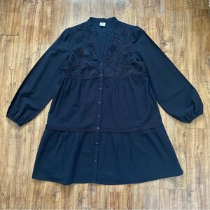 Poheme Paris Lace Detailing Button Front Long Sleeve Tiered Dress Size M/L Black